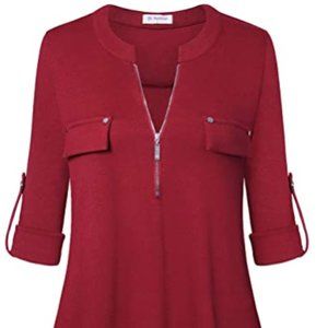 Women's zip front V-neck 3 / 4 sleeve casual top